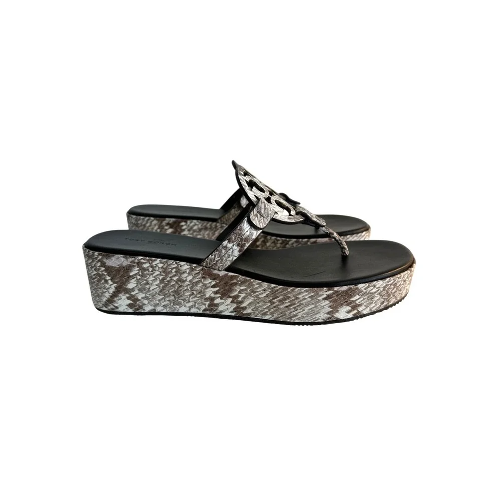 Tory Burch Miller Wedge Heel Sandal Size 8 Granite Roccia Brown Platform Leather